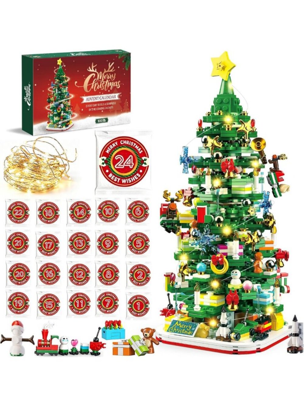 Light-Up 2026 Advent Calendar Xmas Tree Building Blocks Set - 1083 Pieces